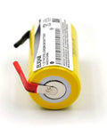 Close-up of a single yellow Sub C 1.2V 2000mAh NiCd rechargeable battery with tabs for power tools, part of 20 pack for high drain devices.