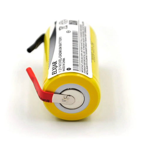 Close-up of a single yellow Sub C 1.2V 2000mAh NiCd rechargeable battery with tabs for power tools, part of 20 pack for high drain devices.