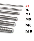 Comparison image of different threaded rod sizes highlighting M2, part of 304 Stainless Steel Fully Threaded Rod M2 0.4 Thread Pitch 250mm Long Right Hand Threads Pack Of 2 For Indoor Outdoor Marine And Food Contact Projects.
