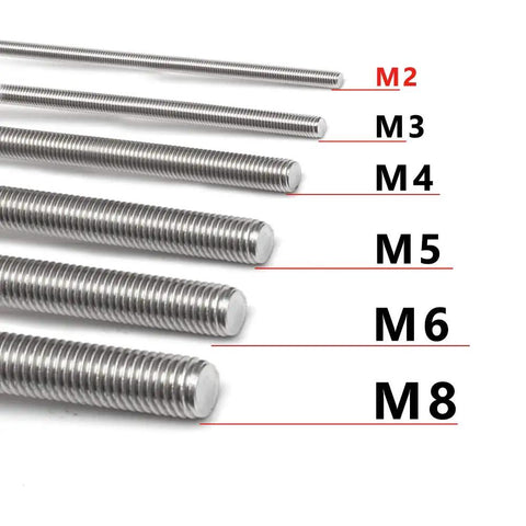 Comparison image of different threaded rod sizes highlighting M2, part of 304 Stainless Steel Fully Threaded Rod M2 0.4 Thread Pitch 250mm Long Right Hand Threads Pack Of 2 For Indoor Outdoor Marine And Food Contact Projects.