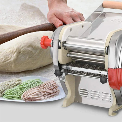 Top Shelf Stainless Steel Pasta Roller And Cutter Attachment Set Smooth Rolling Dough Presser For Home Kitchens, dough and noodles in view.