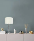 Faceted Metal Floor Lamp With Stacked Column Base, Aged Pewter Finish And Cream Linen Drum Shade, A Legit 66.5 Inches Statement Piece