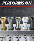 All Purpose Thread Sealant With PTFE For Threads Minus 65 To 300 Degrees Fahrenheit 4 Oz Brush Top Bottle White No Mess Non Toxic Strong Seal Up To Ten Thousand PSI performs on brass, galvanized, stainless steel, PVC, and black iron piping systems for sealing.