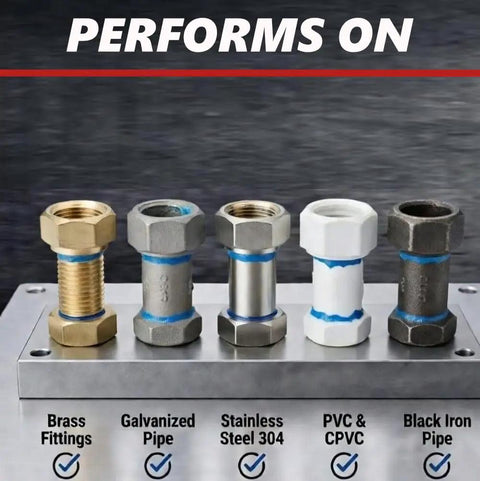 All Purpose Thread Sealant With PTFE For Threads Minus 65 To 300 Degrees Fahrenheit 4 Oz Brush Top Bottle White No Mess Non Toxic Strong Seal Up To Ten Thousand PSI performs on brass, galvanized, stainless steel, PVC, and black iron piping systems for sealing.