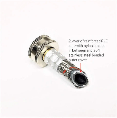 Cross-section of Premium Stainless Steel Braided Washing Machine Hoses, 2 Pack, Four Foot Lengths, showing durable layers and fittings.