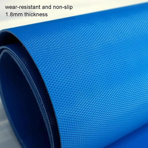 Close-up of blue Heavy Duty Beefy PU Conveyor Belt For Food Packaging, showing textured surface and 1.8mm thickness, rolled.