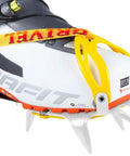 Ski Tour New-Matic Crampons For Ski Touring With Ultra Lightweight, Bomb Proof Front Bail on white boot, close-up view