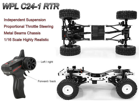 Rugged One Sixteenth Scale RC Rock Crawler Truck 4x4 chassis with remote, showcasing suspension and steering components.