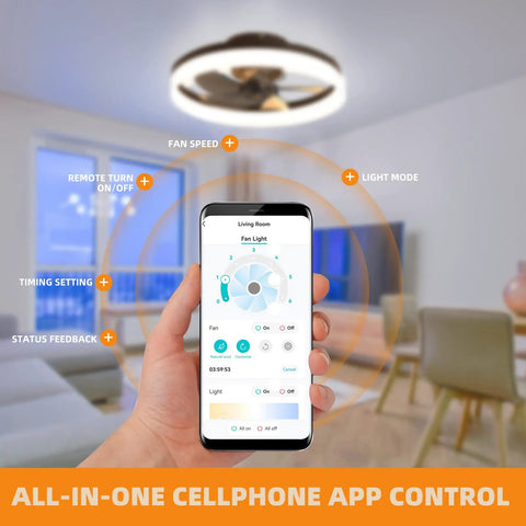 Smartphone controlling 20 Inch Modern Bladeless Ceiling Fan With Lights Remote Control 6 Speeds 3 Color Options Dope Geometric Design Black Low Profile Flush Mount Ceiling Fan For Kitchen Bedroom Living Room
