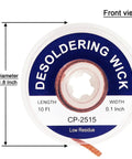 Front view of desoldering wick braid 10ft roll for PCB repairs and component removal, 1.8 inch diameter spool, 0.1 inch wide wick.
