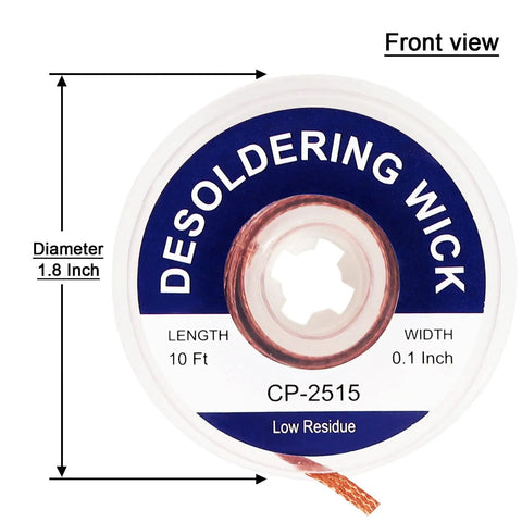 Front view of desoldering wick braid 10ft roll for PCB repairs and component removal, 1.8 inch diameter spool, 0.1 inch wide wick.