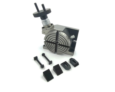 Heavy Duty 4 Inch Cast Iron Rotary Table Built For Milling Machines Delivers Dead On 360 Degree Indexing And Rock Solid Horizontal Or Vertical Setup With M6 Clamps Included showing table with clamps and accessories.