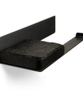 Pretty Tough Wall Mount Toilet Paper Holder With Rustic Charcoal Wood Shelf, Heavy Duty Steel Bathroom Roll Rack, No Sweat Setup, Total Farmhouse Game Changer For Real - close-up of black wood shelf and steel bracket.