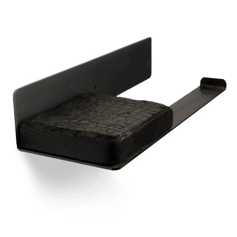 Pretty Tough Wall Mount Toilet Paper Holder With Rustic Charcoal Wood Shelf, Heavy Duty Steel Bathroom Roll Rack, No Sweat Setup, Total Farmhouse Game Changer For Real - close-up of black wood shelf and steel bracket.