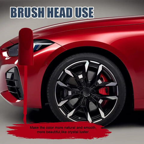 Touch Up Paint For Cars Red Scratch Repair Pen Quick And Easy Car Scratch Remover applied on a red car bumper near a wheel.