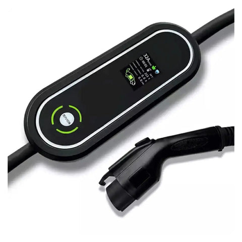 Portable Level 2 EV Charger with 16A, 24A, 32A output and Type 1 J1772 plug, weatherproof IP67, shown close-up.