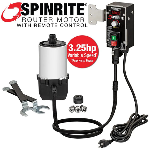 Kickass 3.25HP Router Motor With Variable Speed Remote Control And Soft Start For Router Lifts Shapers And Cnc Shop Features Compact 4.2 Inch Body, includes ER20 collets and offset wrench.