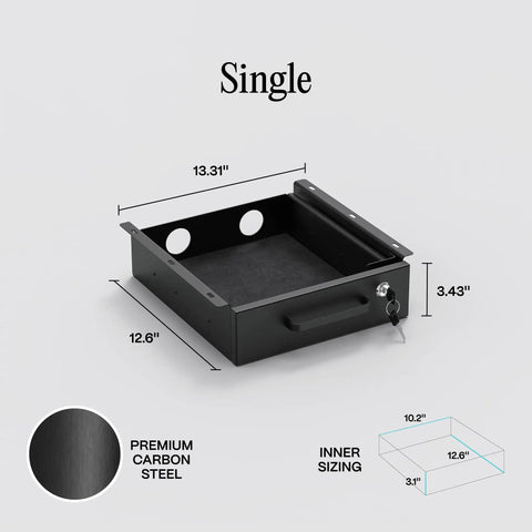 No Fuss Under Desk Slide Out Drawer With Lockable Metal Organizer And Smart Cable Routing For Clean Home Office Setup Matte Black Heavy Duty Carbon Steel Console, shown with dimensions and key details.