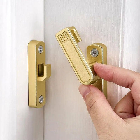 Adjustable Flip Gate Latch Lock For Sliding Barn Doors Heavy Duty Zinc Alloy Build shown in glossy gold finish during operation.