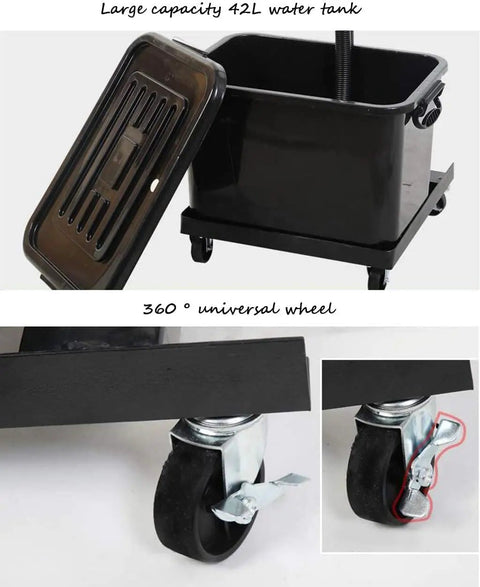 Beat The Heat Easy Oscillating Floor Fan With Quiet Mist Kit Providing Three Adjustable Speed Settings And Smooth Air Currents For Total Patio Comfort On Sweaty Summer Nights water tank with 42L capacity and 360-degree wheel.