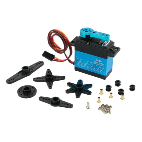 Heavy Duty Digital Servo Motor Pushing 35kg Torque On 7.4V High Voltage Full Metal Gear Assembly with accessories.
