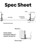 Spec sheet detailing Rock Solid 18 X 18 Inch Metal Access Panel With Bead Flange and hinge mechanisms for drywall