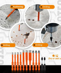 Badass 12 Piece Diamond Drill Bit Set With Masonry And Screwdriver Bits Heavy Duty Carbide Tips shown in action on various materials.