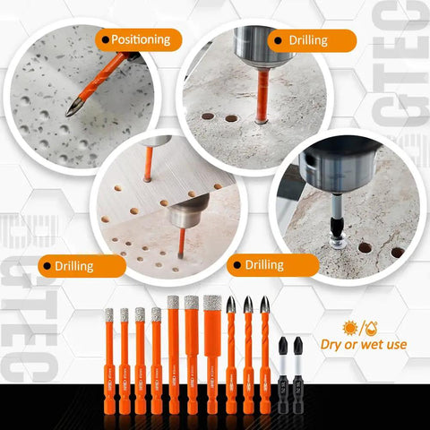 Badass 12 Piece Diamond Drill Bit Set With Masonry And Screwdriver Bits Heavy Duty Carbide Tips shown in action on various materials.