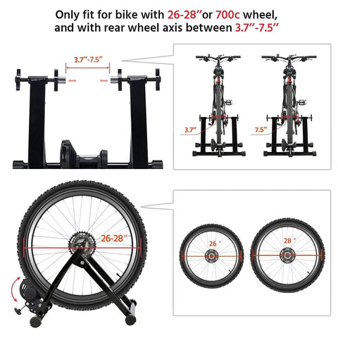 Diagram of Magnetic Bike Trainer Stand For Indoor Cycling With Premium Steel Build Quiet Low Noise Operation showing compatibility for 26-28 inch wheels and 700C