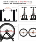 Diagram of the Magnetic Indoor Bike Trainer Stand With Front Wheel Support And Quick Release Skewer, showing dimensions and wheel sizes