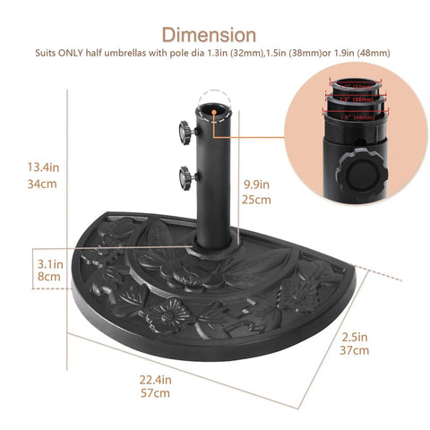 Rock Solid Heavy Duty Half Round Patio Umbrella Base Weight, 33 Lb Resin Concrete Stand, Black, Adjustable Poles Diagram