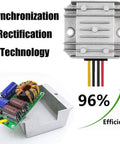 12V To 24V Boost Converter 3A Waterproof Power Module showing aluminum casing, internal circuitry, and efficiency graph