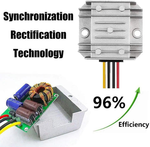 12V To 24V Boost Converter 3A Waterproof Power Module showing aluminum casing, internal circuitry, and efficiency graph