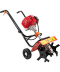 Powerful 52cc Gas Powered Tiller For Dense Soil with red 2-stroke engine, 14.17 inch width, garden cultivator for small farm use