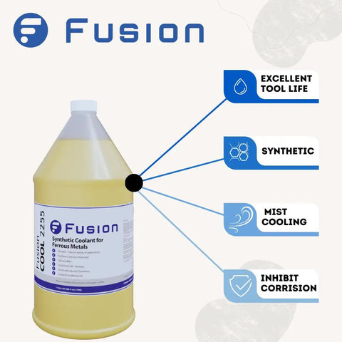 Heavy Duty Mist Coolant For Metal Cutting That Keeps Tools Happy Under Tough Machining Ideal For Bandsaw CNC And Plasma Tables Pro Grade Synthetic Metalworking Fluid With Extra Lubricity For Abrasive Materials 1 Gallon bottle showing features like tool life, synthetic composition, mist cooling, and corrosion inhibition.