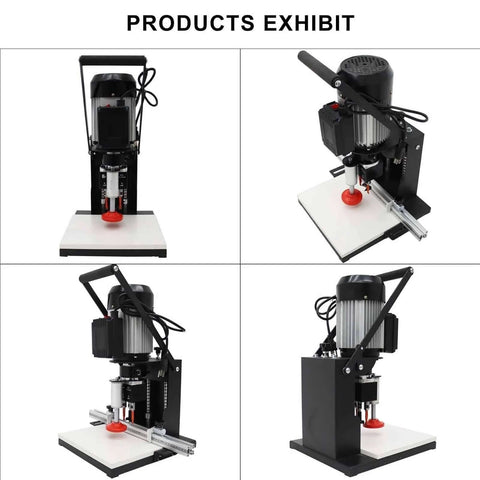 Electric hinge drilling machine for wood with 0-40 mm depth, 6 mm chuck, 19.6 inch scale ruler, 220V, black on white base.