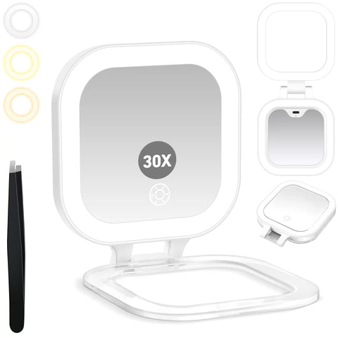 On The Go Travel Mirror With Light Portable Compact Magnifying Mirror 1x To 30x with tweezers, foldable design