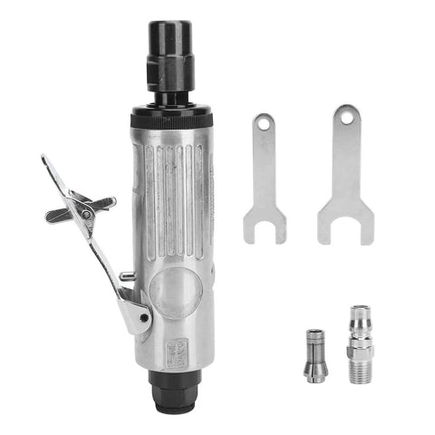 Real Deal Heavy Duty Air Die Grinder With Adjustable Speed Regulator 1/4 Inch Arbor showing pneumatic tool and accessories.