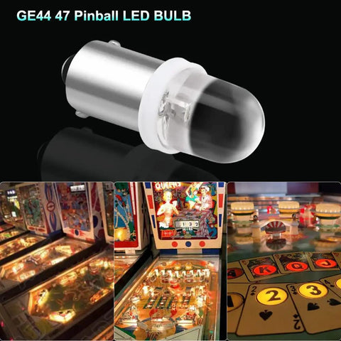 Pack Of 20 Pinball Led Bulbs With BA9S Base 755 44 47, DC 6V And 6.3V, Warm White 3500K Soft Glow No Shadow, Low Power 0.03A, 70 Lumens, Great Replacement For Arcade Cabinets And Pinball Machines. BA9S pinball LED bulb shown with arcade cabinet lighting