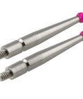 Two Pack Ruby Tip Contact Points For Dial Test Indicator M1.6xD2.0xL20.9 Ruby Ball Head Probes shown in metal with ruby tips