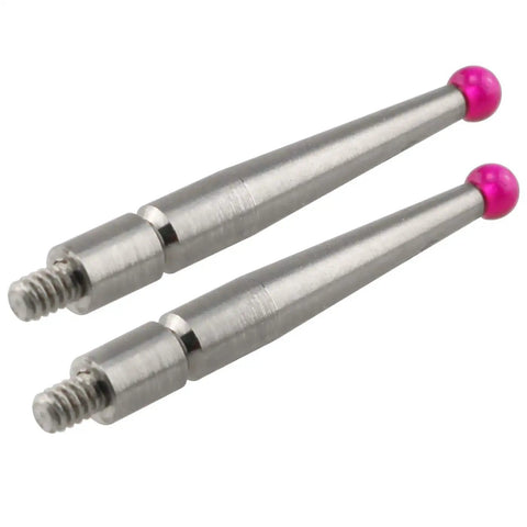 Two Pack Ruby Tip Contact Points For Dial Test Indicator M1.6xD2.0xL20.9 Ruby Ball Head Probes shown in metal with ruby tips