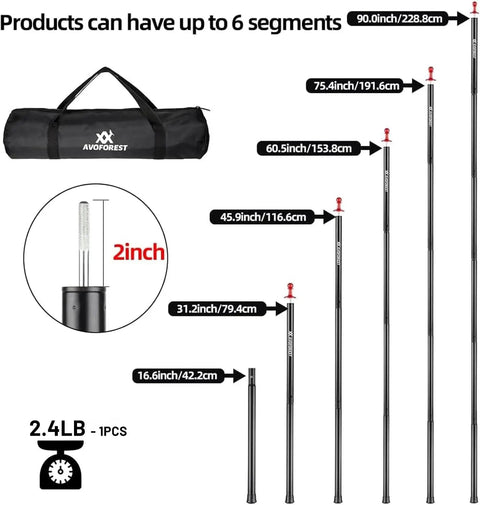 Beefy Heavy Duty Tent Poles for Tarp 90 Inch Set, adjustable 16.6 to 90 inches, 25mm diameter, shown with carrying bag