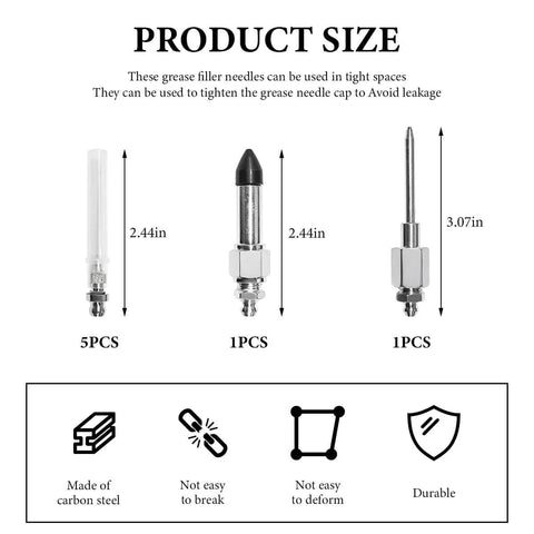 Seven Piece Grease Needle Accessory Kit With Five Nozzles One Grease Needle Dispenser And Rubber Fitting Adapter For Narrow Tight Spaces Pro Grade Auto Car Maintenance Tools Heavy Duty Carbon Steel Build product size chart showing components and dimensions