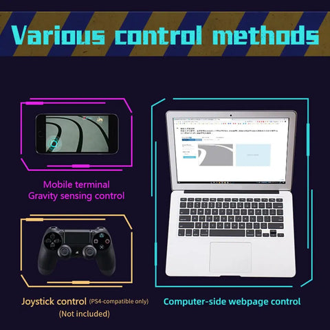 AI Powered RC Robot Car With Deep Learning And Ackermann Steering For Real Time Autonomous Driving Self Driving Platform For STEM Education A Cool Project For Teens And Engineers To Build Learn And Create, shown with phone, joystick, and laptop controls