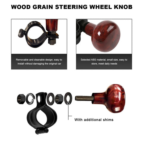 Woodgrain Steering Wheel Spinner Knob With Ergonomic Grip For No Fuss Easy Turn Assist Power Handle Smooth On The Wheel Universal Accessory For Cars Trucks Semi Trailers And Boats showcasing various components and close-up details.