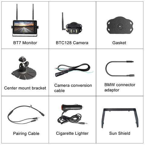 Wireless RV Backup Camera With 7 Inch Monitor And 1080P DVR components including camera, monitor, cables, and accessories