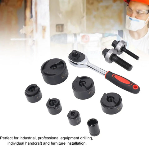 Beefy Heavy Duty Manual Punch Kit With Ratchet For Sheet Metal, 6 punch sizes displayed with ratchet and tool accessories