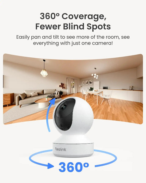 4MP HD Plug In Indoor Security Camera System With Pan Tilt And WiFi 6 Baby Monitor And Pet Camera showing 360° coverage in living room