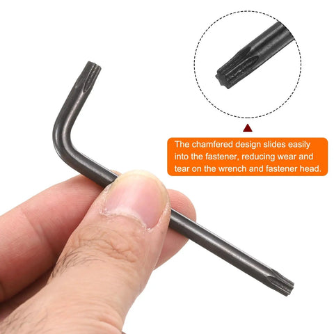 5 Piece T25 Security Tamper Proof Torx Star Bit Set With Long Arm L Shaped Wrenches For Automotive And Home Repairs In Carbon Steel Black Finish Durable Carbon Steel Construction With Black Oxide Finish For Extra Strength And Corrosion Resistance. T25 tamper-proof Torx bit with chamfered tip