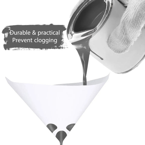 Pouring paint into 100 Pack Cone Paint Strainers With 190 Micron Filter Tips And Silicone Funnel For Automotive Sprayers And Home Use Cone Shaped Nylon Mesh Filters Prevent Clogs And Deliver Clean Smooth Paint Work